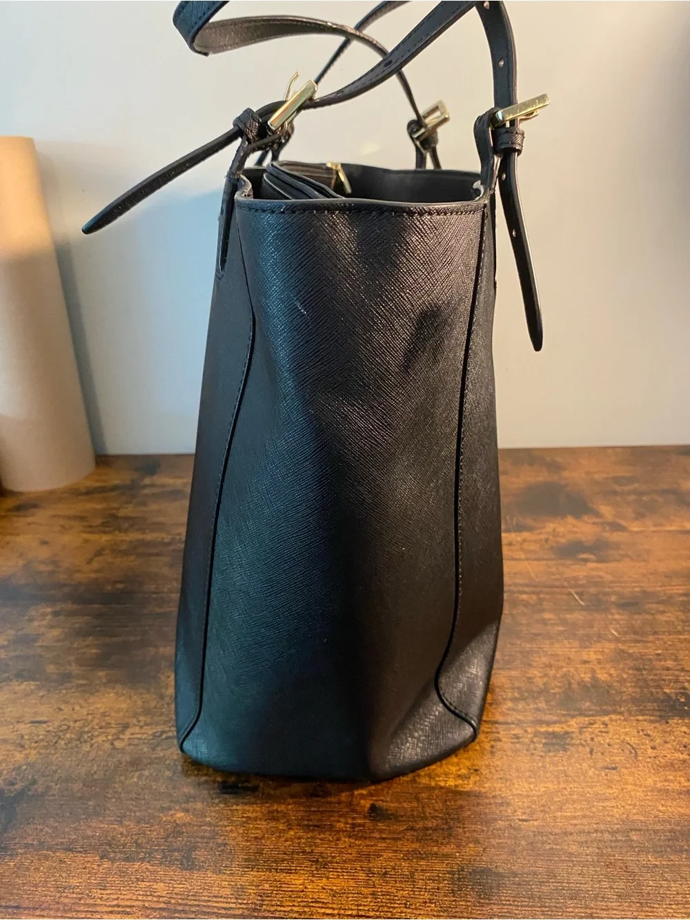 Tory Burch Black Saffiano Tote with Gold Logo Flaw